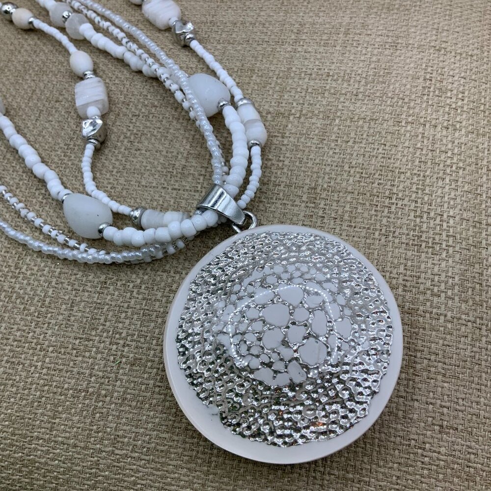 Chico's White Beaded Stone Multi Strands Silver Tone Necklace